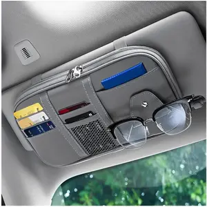Sun Visor Organizer, Sunglass Holder and Storage Pocket, Card  Pouch with Multi-Pocket Net Zipper, Case Bag for License Pen Key, Auto Interior Accessories for , SUV, Van (Gray)