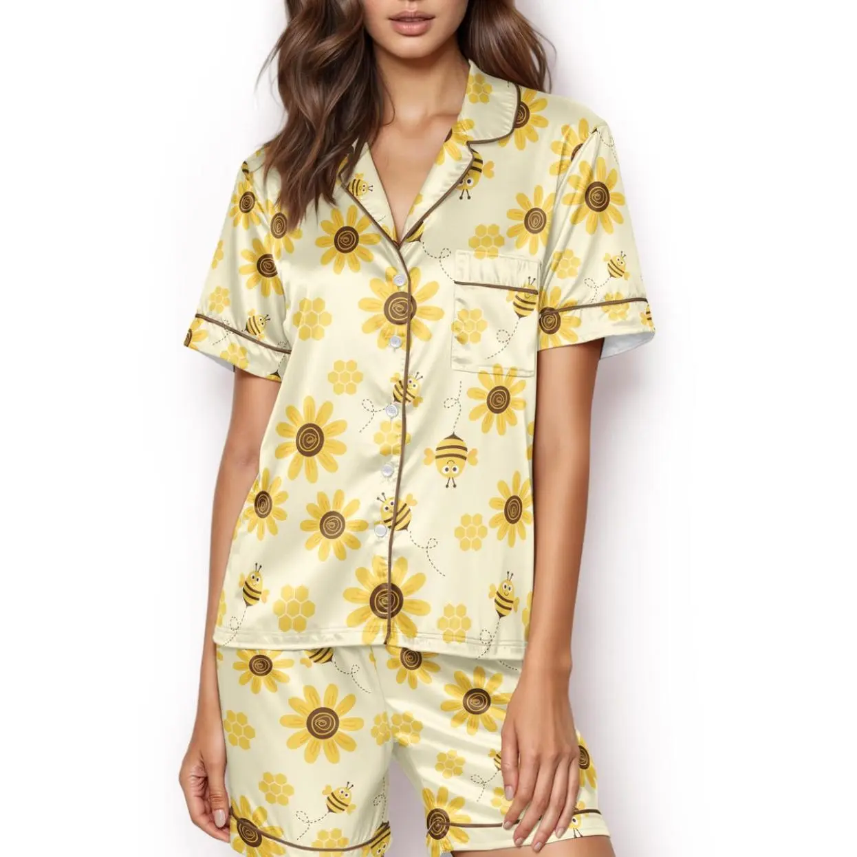 Bee Sunflower Satin Silky Pajama Set, Botanical PJs for Women, Nature Lovers Pajamas, Honeybee PJs, Beekeeper Gift, Gift For Bees