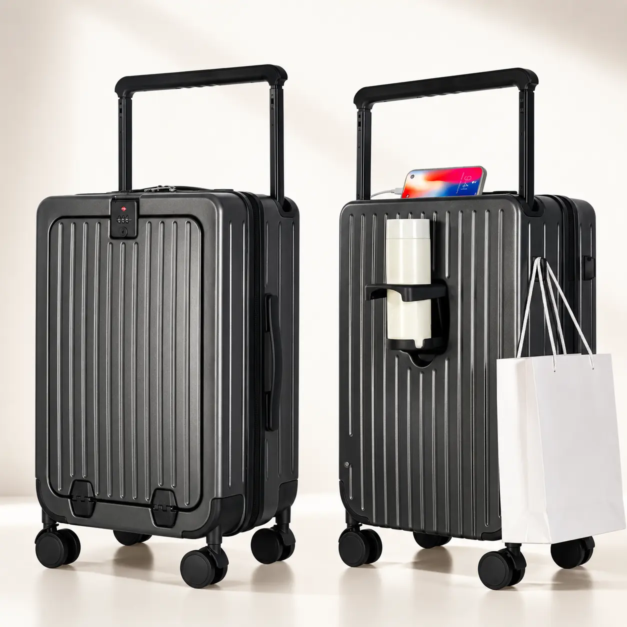 YQ TRAVEL Hard Shell Polycarbonate Luggage - 20/24in Travel Lightweight Bag, Functional Lock Robust Checked Luggage, Flat Middle, Impact-Resistant Shell, Double Spinner Wheels, TSA Lock, Front-Open Laptop Compartment, USB Ports, Ideal for Business Trips