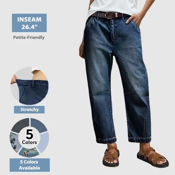 Flamingals Mid Rise Premium Barrel Jeans Stretchy 26.4'' Inseam Flattering Fit Modern Stitching All Seasons Ultra Comfy Denim for Casual Outfit