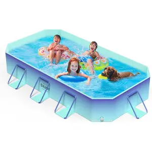 MoKo Non-Inflatable Swimming Pool for Kids and Pets, Framed Swimming paddling Pools, Foldable Dog Pool with Sturdy Support, Space-Saving Kiddie Pool, Collapsible Kids Pool, Glacial Blue Play Portable Fun affordable Rectangular Metal Above Ground