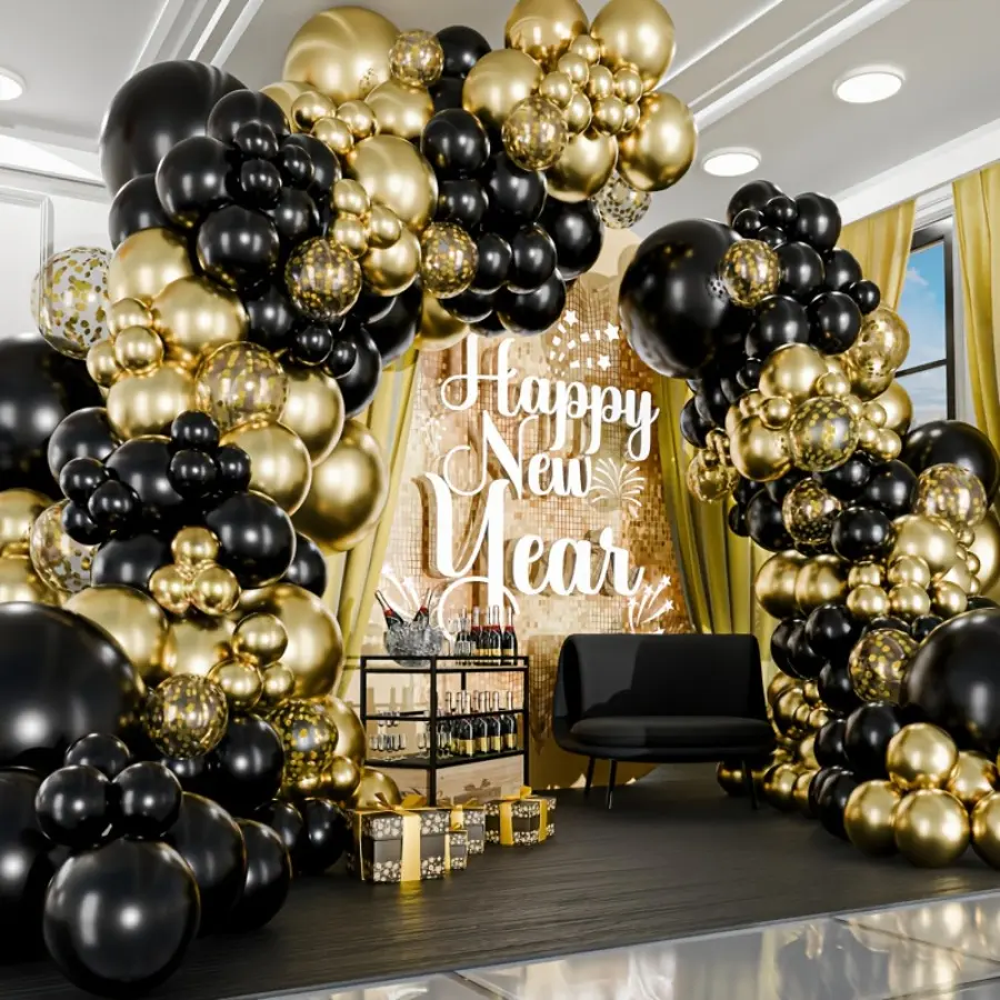 Black and Golden Round Balloon Arch Kit - 142pc Black and Metallic Golden Balloons, Festive Party Decor Supplies for Wedding, Anniversary Home Decorations, Black Golden 142Pc