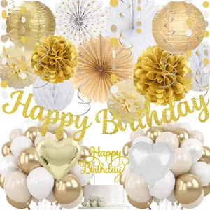 White  Birthday Decorations,Happy Birthday Banner,Paper Lanterns,Tissue PomPoms Fan,Honeycomb Ball,Neutral Balloon Decor For Women Men Champagne- Anniversary Princess Backdrop Party Supplies