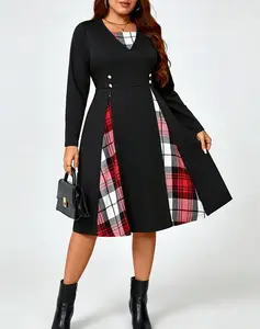 Women's Plus Size Lady Retro Slim-Fit V-Neck Longsleeves Midi A-Line Dress - Breathable Soft Stretchy Fabric, Plaid Patchwork, Waist Button Decoration, Curvy-Friendly Skirt, All Seasons Wear for Office, Formal Occasions,summervibes