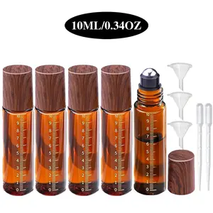 5PCS 10ML REFILLABLE DESIGN GRADUATED ROLLER BOTTLES (FOR PERFUME & OILS) - AMBER GLASS, LEAK-PROOF, WITH STEEL BALLS, WOOD-GRAIN CAPS, DROPPER & FUNNEL, REFILLABLE TRAVEL BOTTLES, HALLOWEEN/CHRISTMAS GIFTS