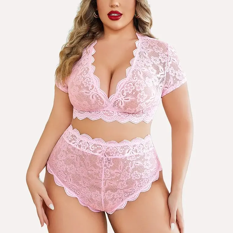 Avidlove Plus Size Lingerie Plus Floral Lace Scallop Trim Lingerie Set Deep V Allover Lace Bra Panties Set