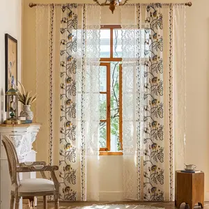 1pc Vintage Floral Embroidered Lace Trim Curtains, Soft Colors, Elegant Design, Perfect for Cozy Bedrooms & Home Offices