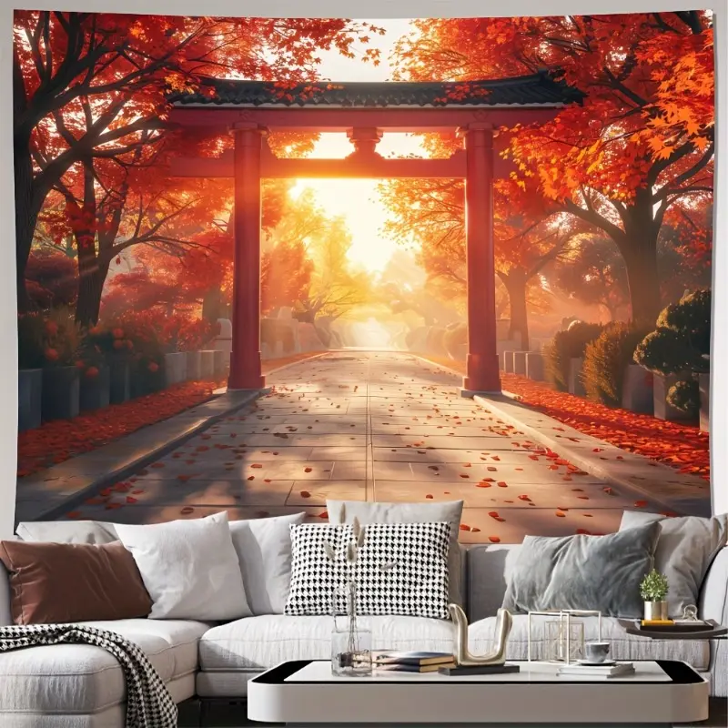 Japanese Torii Gate Scenic Autumn Tapestry - Polyester Woven Wall Hanging, Orientation with Unique Patterns for Living Room Bedroom Office Home Decor