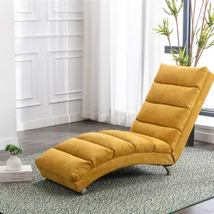 [SOIYELIFE] Ergonomic Electric Massage Chaise Lounge with 5 Modes and Remote Control, Linen Upholstered Long Lounger for Living Room, Bedroom, Office in Mustard