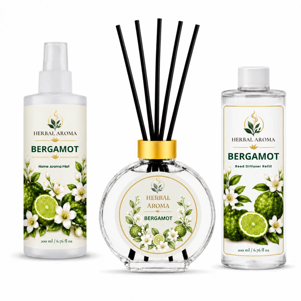 Herbal Aroma Bergamot Home Fragrance Set, 3-Piece Reed Diffuser with 200 mL Refill and 200 mL Room Spray, 100 mL Diffuser