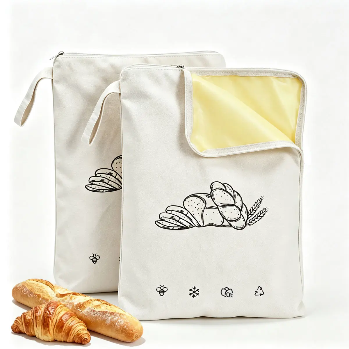2Pcs Reusable Beeswax Kitchen Bread Bags, Large 17x13in Cotton Maintains Freshness Storage Bags with L-Shaped Zippered Seal, Airtight Keeper for Homemade Sourdough, Container