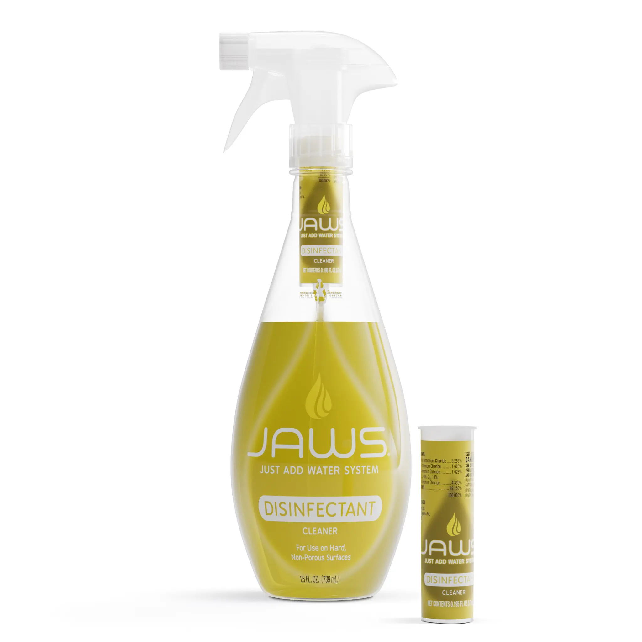 JAWS Cleaner Disinfectant Spray with 2 Refill Pods - Powerful Multi-Purpose Cleaning - Refillable Reusable Recyclable - 25 fl oz Bottle - Child-Resistant & No-Rinse Formula