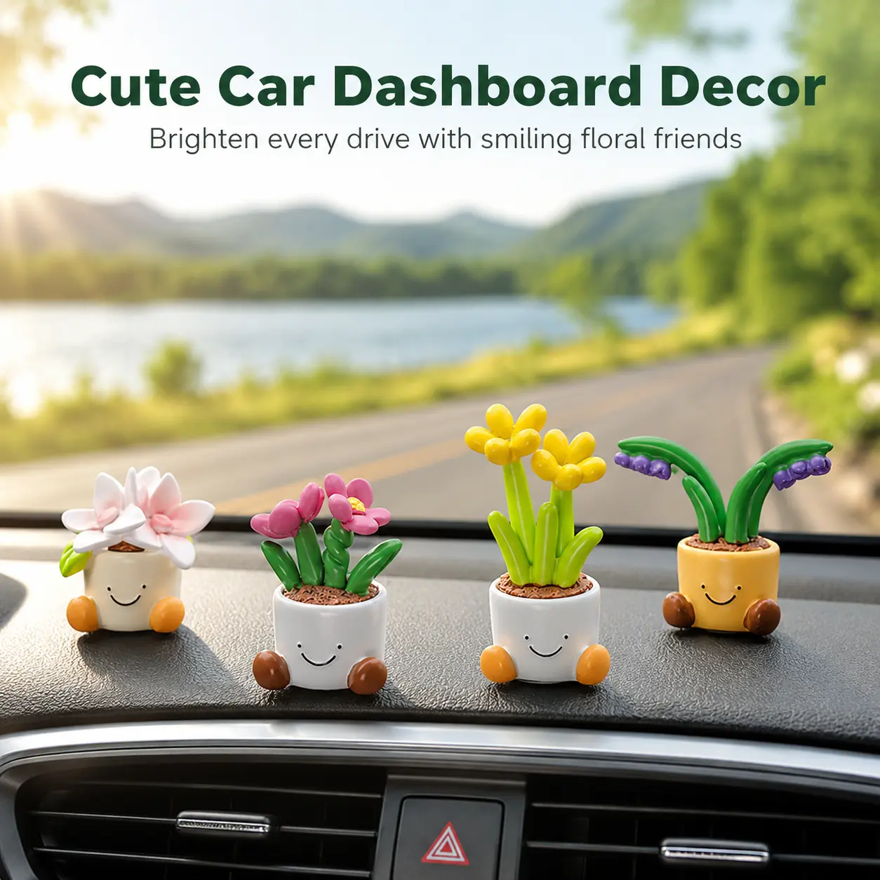 Charming Smiling Plant Car Accessories – 4PCS Kawaii Potted Flower Figurines, Fun Dashboard Decor & Cute Desk Ornaments for Everyday Joy