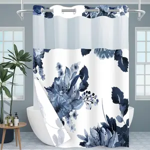 No Hook Shower Curtain with Snap in Liner Set, Blue Floral and White Modern Hotel Style Fabric Inner Liner for Bathroom, 71x74 Inches