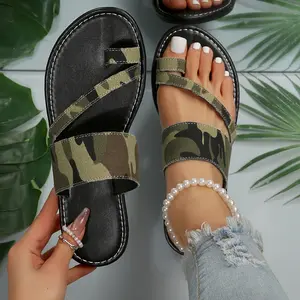 Women's Camouflage Striped Slip-On Sandals - Split-Toe Ankle Strap Summer Slippers with Breathable Canvas Upper & Non-Slip Rubber Sole for Beach, Casual Outings, Strappy Sandals