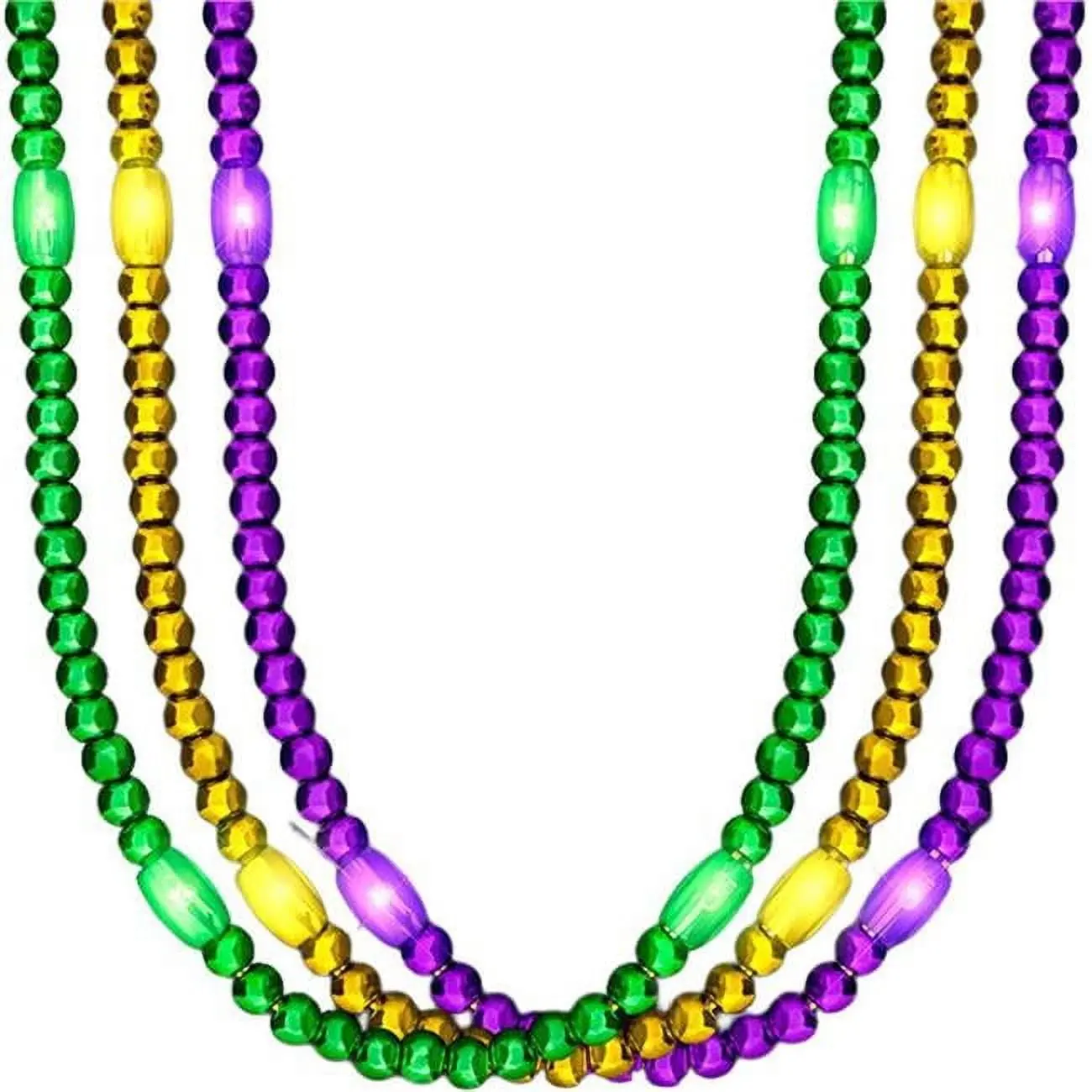 212 MAIN Unisex 30-in Long Light-Up LED Mardi Gras Beads Necklace, Fat Tuesday Party Accessory with 3 AG13 Replaceable Batteries, Pack of 12, Led Lights