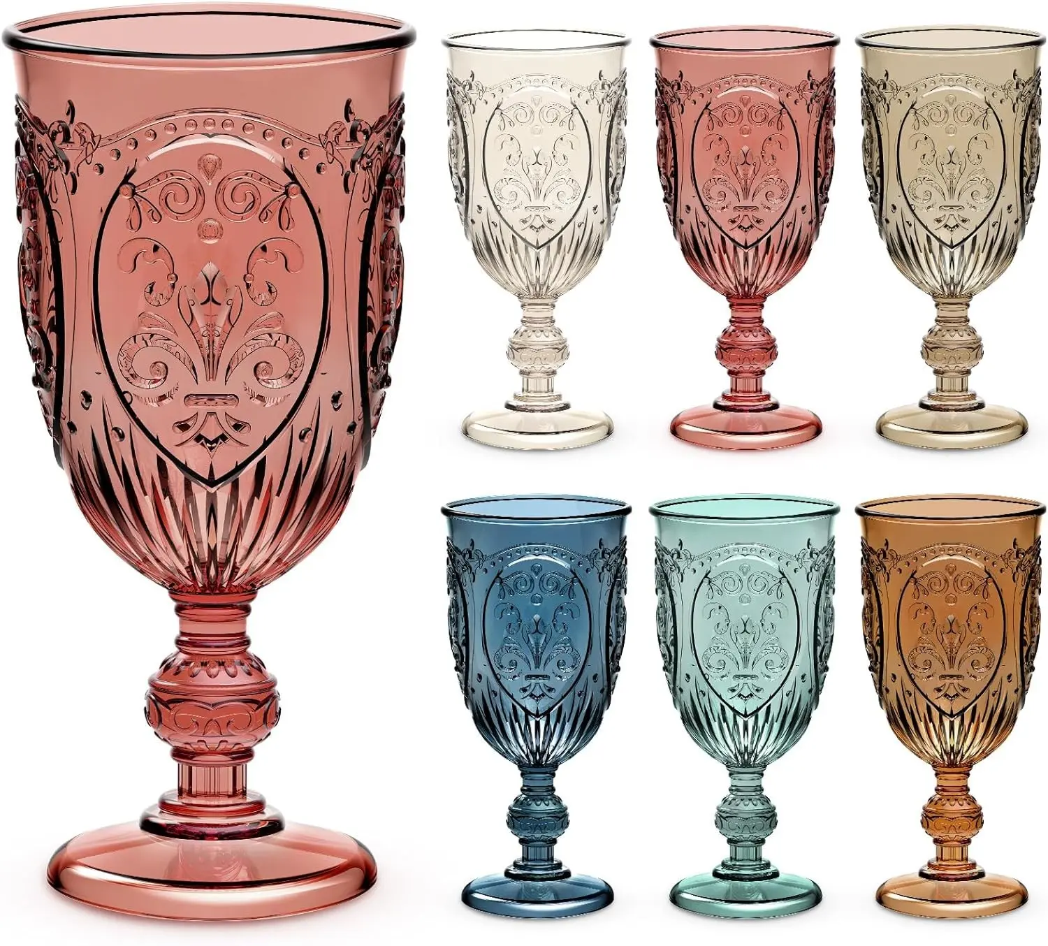 24 Pcs Plastic Goblets 7.5oz Vintage Goblet Plastic Wine Glasses Colored Retro Embossed Water Goblets for Wine Bar Juice Baby Shower Wedding Reception Grand Event Party (Mixed Color)