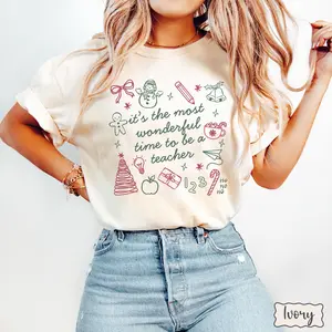 Christmas Teacher Comfort Colors® Shirt, Cute Teach Bow Shirt, Trendy Holiday Shirts for Teachers, Coquette Teacher, Elementary School Gift