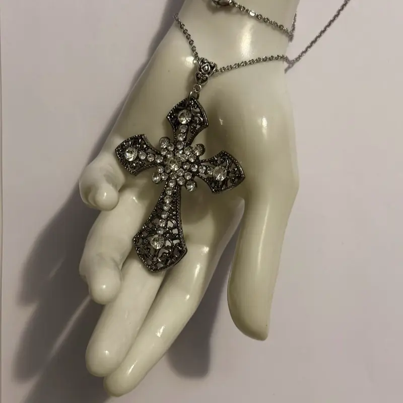Silver Tone Big Cross Pendant Necklace with Cubic Zirconia Gemstones Gothic Punk Statement Jewelry 45cm Length