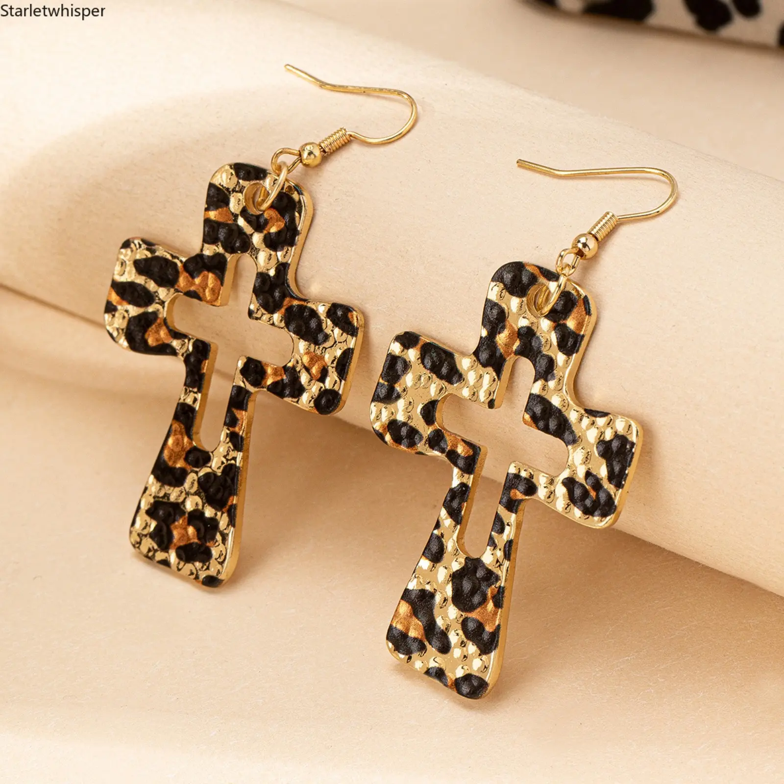 Women's Leopard Print Cross Earrings, Hollow Geometric Design, Luxury Minimalist Style, Trendy Mature Streetwear Jewelry, Elegant All-Match Accessory for Daily & Party Wear