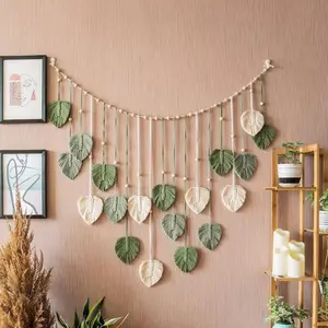 Macrame Wall Hanging Boho Decor Handwoven Leaf Tapestry, Background Wall Art for Living Room Bedroom Restaurant Office
