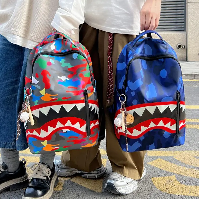 Trend Shark Mouth Camouflage Backpack Male and Female Students Large Capacity Casual School Bag Lightweight Travel Backpack