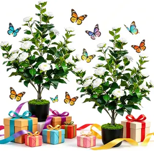 DLDA 2-Piece 35-Inch Artificial White Camellia Potted Trees, 24-Flower Faux Plants for Spring Easter Wedding Decor, Indoor Outdoor Porch Front Door Home Accents