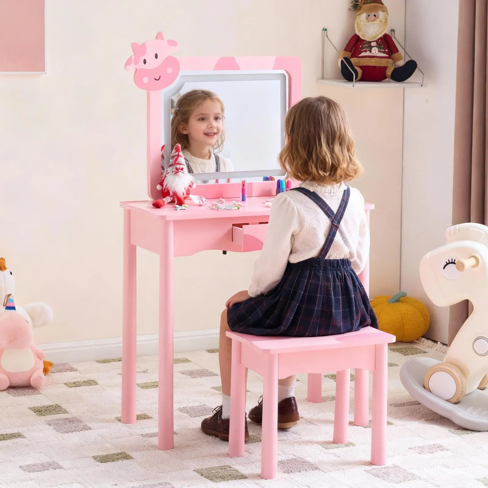 Pink Kids Furniture Children's Vanity Table Set - 3-Color Dimmable LED Touch Light, Solid Wood Legs, Drawer-Equipped Pink Vanity Table Bedroom Furniture for Kids