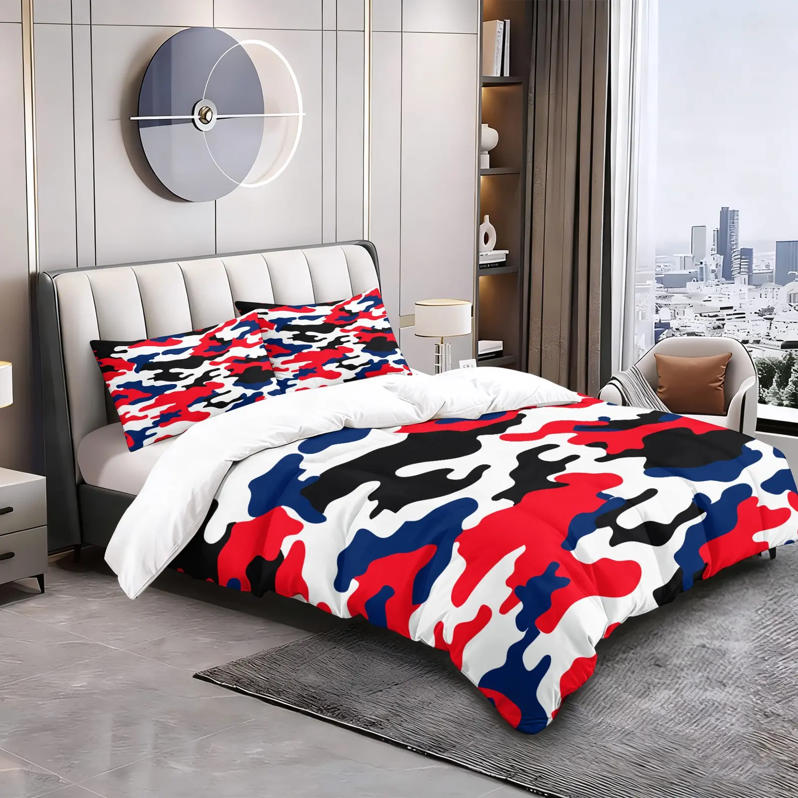 2/3pcs Camouflage Decorative Duvet Cover Set, Theme Bedding Set, No Filler Bedding Set with Pillowcases, Ultra Soft Breathable Fabric, Modern Red White Blue Camo Style, Ideal for Boys Teens Bedroom, Dorm, Apartment & Patriotic Room Decor