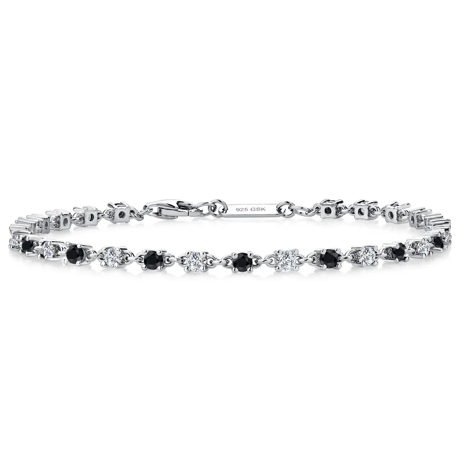 Black Onyx and White Moissanite Tennis Bracelet for Women in 925 Sterling Silver | 1.76 Cttw | Round 2.5MM | Gemstone December Birthstone | 7 Inch Length