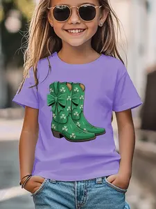 Saint Patrick's Day Clover Bow Denim Boots Print Kids Short Sleeve T-Shirt, Cute Style, Fits Ages Under 12, Perfect for Festive Wear