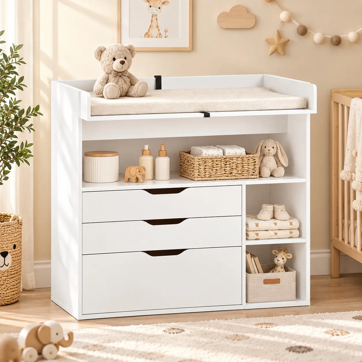 Linor Baby Changing Table Dresser with 3 Drawers and 3 Storage Shelves, Can be Used as a Baby Dresser with Changing Table Top, a Baby Changing Station, a Wood Diaper Changing Station (White) Newborn Nursery Baby Shower Natural