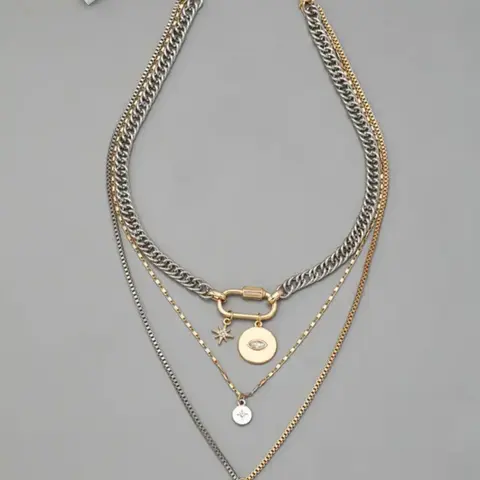 Women's Stainless Steel Two-Tone Gold and Silver Layered Necklace with Eye, Star and Spike Pendants, Personalized Jewelry for Daily Wear and Gifts