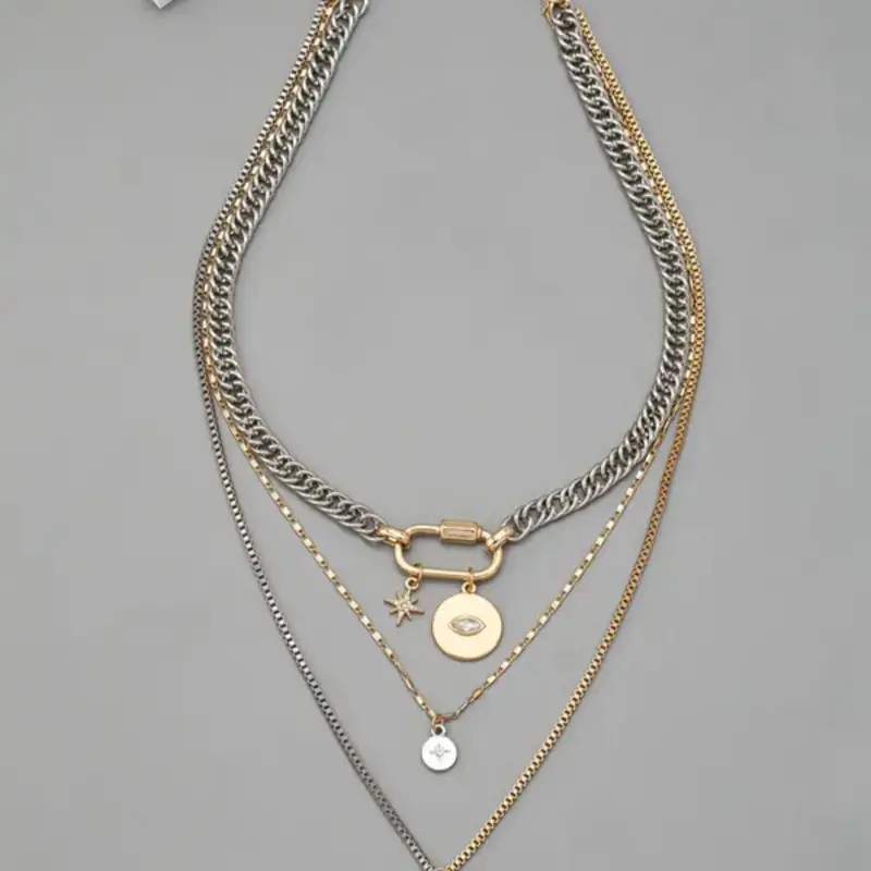 Women's Stainless Steel Two-Tone Gold and Silver Layered Necklace with Eye, Star and Spike Pendants, Personalized Jewelry for Daily Wear and Gifts