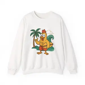 Surfing chilling Chicken Crewneck Sweatshirt, Funny Sweatshirt, chicken Joe Costume Alternative, Cute Beach Sweatshirt, Unisex Comfy Apparel, Summer Gift Idea, Retro Vibe Clothing Casual Menswear