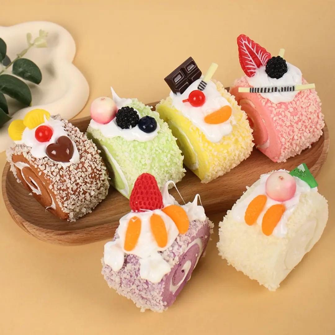 1/6 Counts Realistic Fruit Cream Cake Model Stress Relief Squeeze Toy, Sweet Swiss Roll Bread Food Plaything, Decorative Display Piece, Squishies