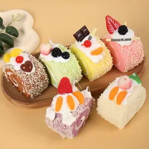 1/6 Counts Realistic Fruit Cream Cake Model Stress Relief Squeeze Toy, Sweet Swiss Roll Bread Food Plaything, Decorative Display Piece, Squishies