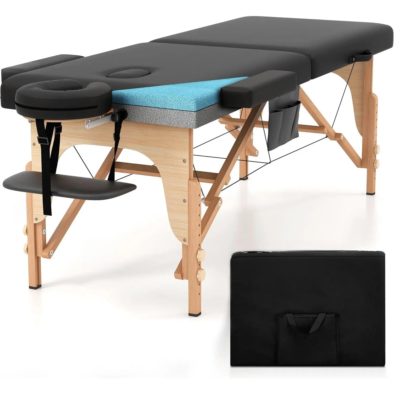 Premium Unisex Memory Foam Massage Table - Compact PU Leather Beech Wood Portable Foldable, 84in Long 28in Wide Height-Adjustable Home Salon Spa Tattoo Bed with Accessories & Carrying Case, Easy Set Up, Massage Beds