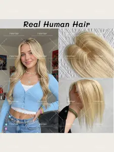 360 Covered Human Hair Topper with Clips, 8-14 Inch Natural Straight Long Hair, Blonde Highlight Color, Women's Hair Coverage, Human Hair Toupee