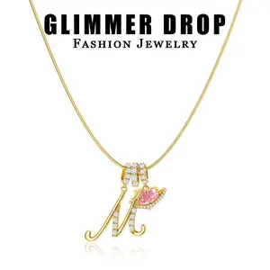GlimmerDrop 14K Gold Plated 3-Layering Initial A-Z Letter Pendant Necklaces for Women Snake Chain Choker Pink Heart Zircon Adjustable Length Necklace Jewelry