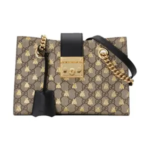 Pre-owned GUCCI canves with cowhide Shoulder Bags Padlock Small Shoulder Bag in Beige and Ebony GG Supreme Canvas with Gold Bees Print Black Leather Trim and Gold Tone Metal