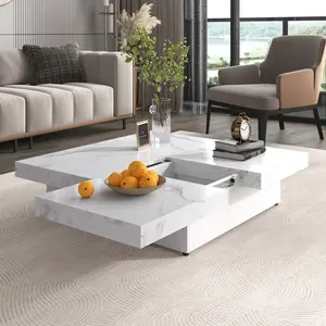 39.4'' Marble Veneer square Coffee Table - Sliding Top, Built-in Storage - Indoor Living Room Furniture