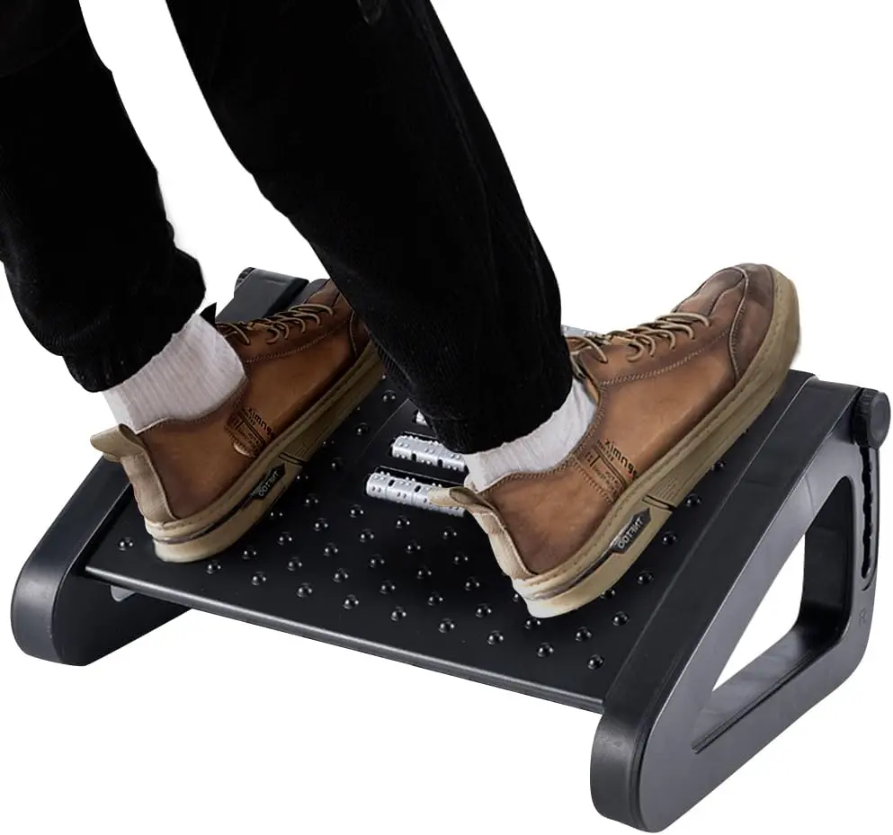 Ergonomic Under-Desk Footrest - 6 Heights Adjustable Office Furniture Accessory with Massage Roller for Work Leg Support