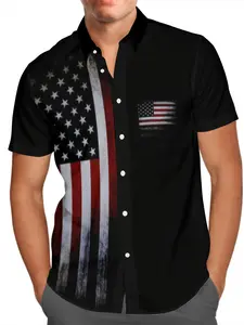 Men's Plus Size Flag Print Button Shirt, Summer Loose Casual Fashion Top, Geometric Design, Short Sleeve, Fitted H-Type, Button Down Shirts, Fashionable Shirts, Graphic Print Shirt