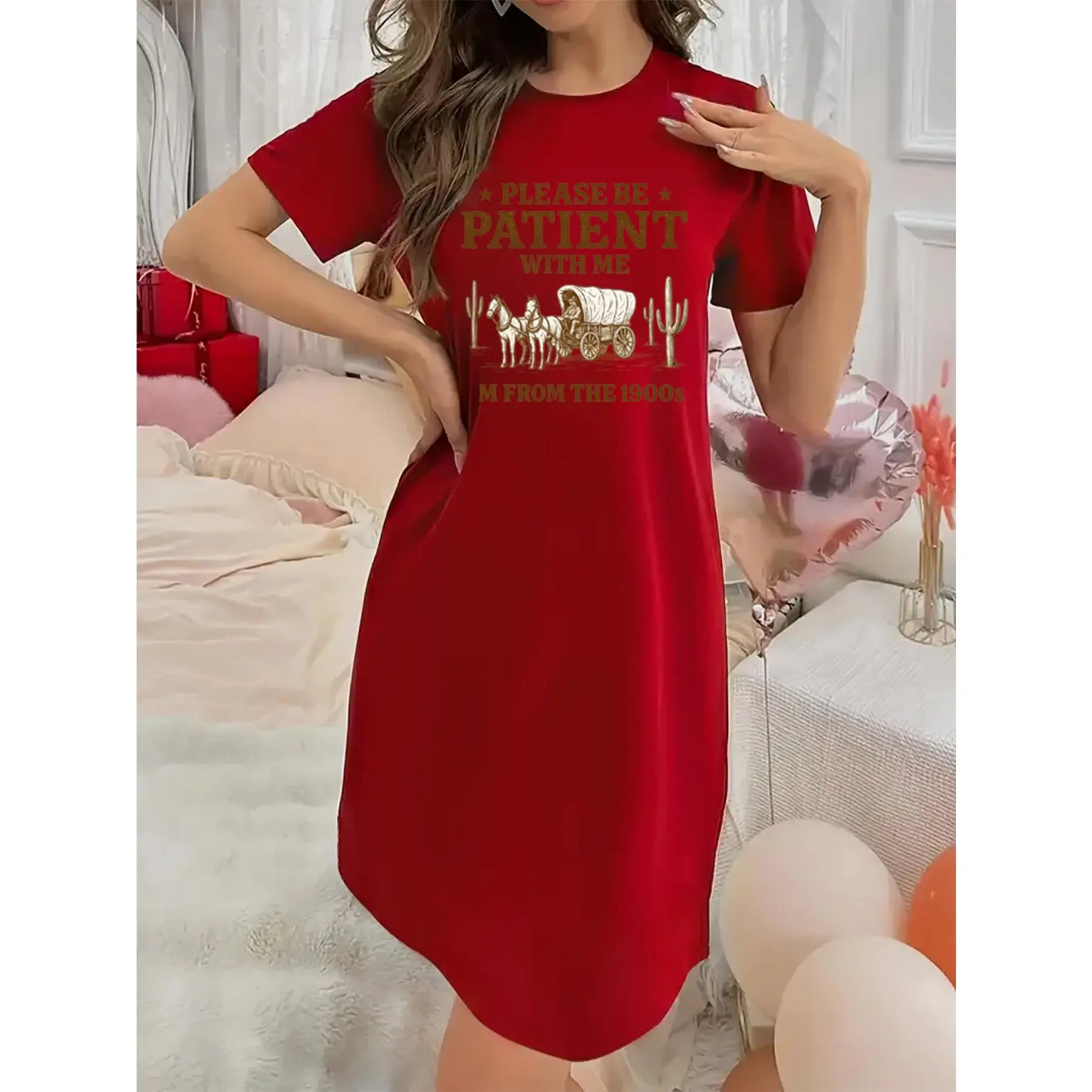 Soft Micro Stretch Women's Lingerie Please be patient with me Printed Short Sleeve Round Neck Nightgown Sexy Elegant Young Style Women's Valentine's Day Dress Mother's Day Christmas Thanksgiving New Year Gift Ideas