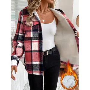 [All-Season Warmth Plaid Hooded Jacket] Women'S Casual Plaid Hooded Jacket with Fleece Lining, 100% Polyester Woven Shirt, Button Detail, All-Season Warmth