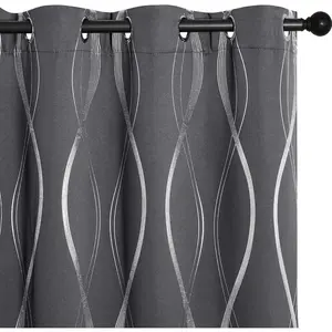 NICETOWN Gray Blackout Curtains 72 inch Long for Bedroom - Microfiber Noise Reducing Thermal Insulated Wave Line Foil Print Design Drapes for Patio Sliding Glass Door (2 Panels, 52 x 72 Inch)