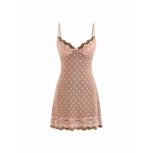 Cider Mesh Sweetheart Polka Dot Lace Trim Slip Mini Dress