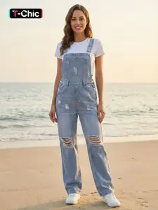 Women's Plain Pocket Ripped Denim Overall Street Fashion Jumpsuit, Casual Adjustable Strap Button Straight Leg Fitted Overalls for Daily Wear, Ladies Clothes for All Seasons
