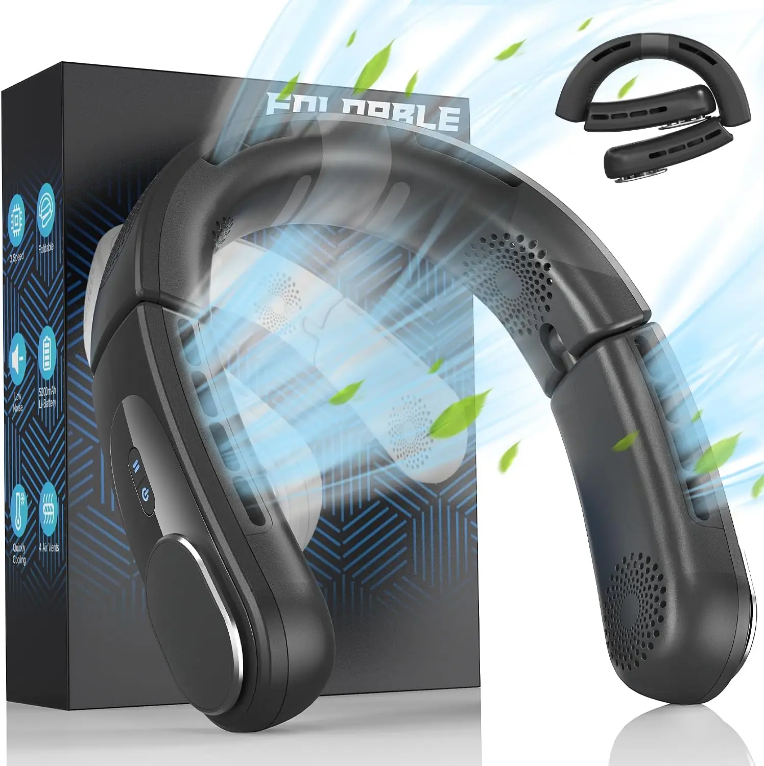 Neck Fan - 5200mAh Personal Portable Bladeless Fan - Neck Air Conditioner - Cooling Wearable Fan Rechargeable - MAX 12Hrs, 3 Speed, Foldable - Travel